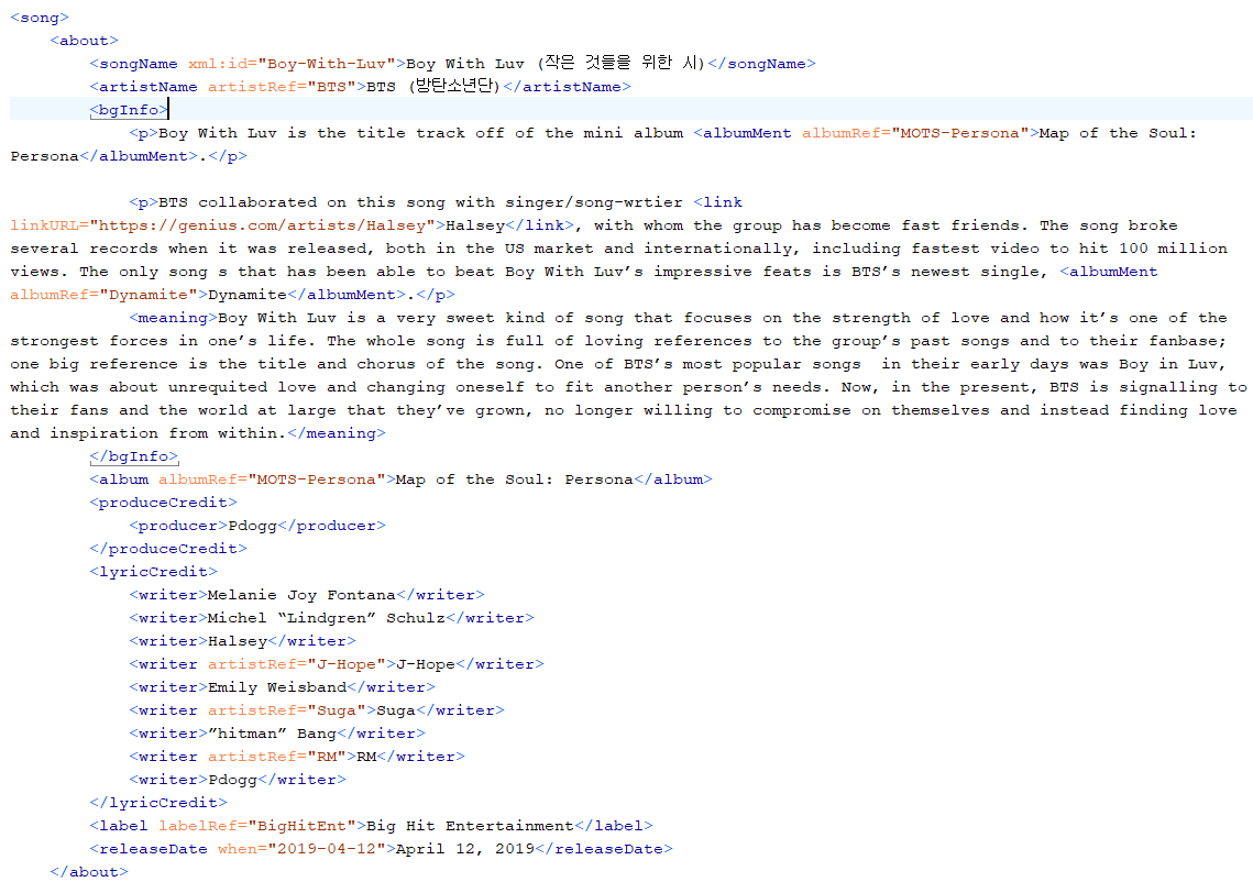 A screenshot of the XML editor oXygen, showing the beginning About section of the song page XML for BTS